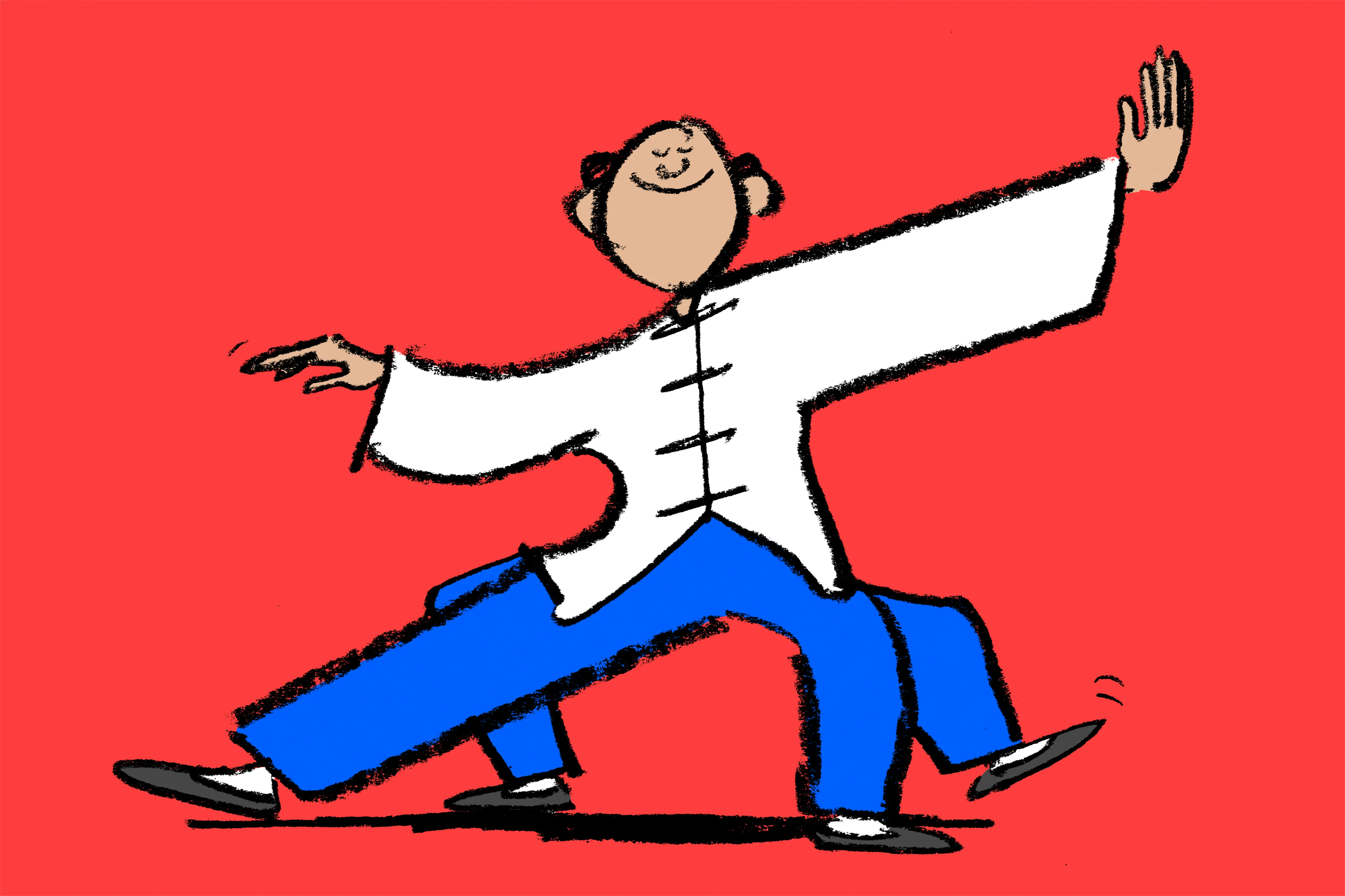 Dibujo de un hombre con traje de artes marciales blanco y pantalon azul en posicion de equilibrio sobre fondo rojo.
