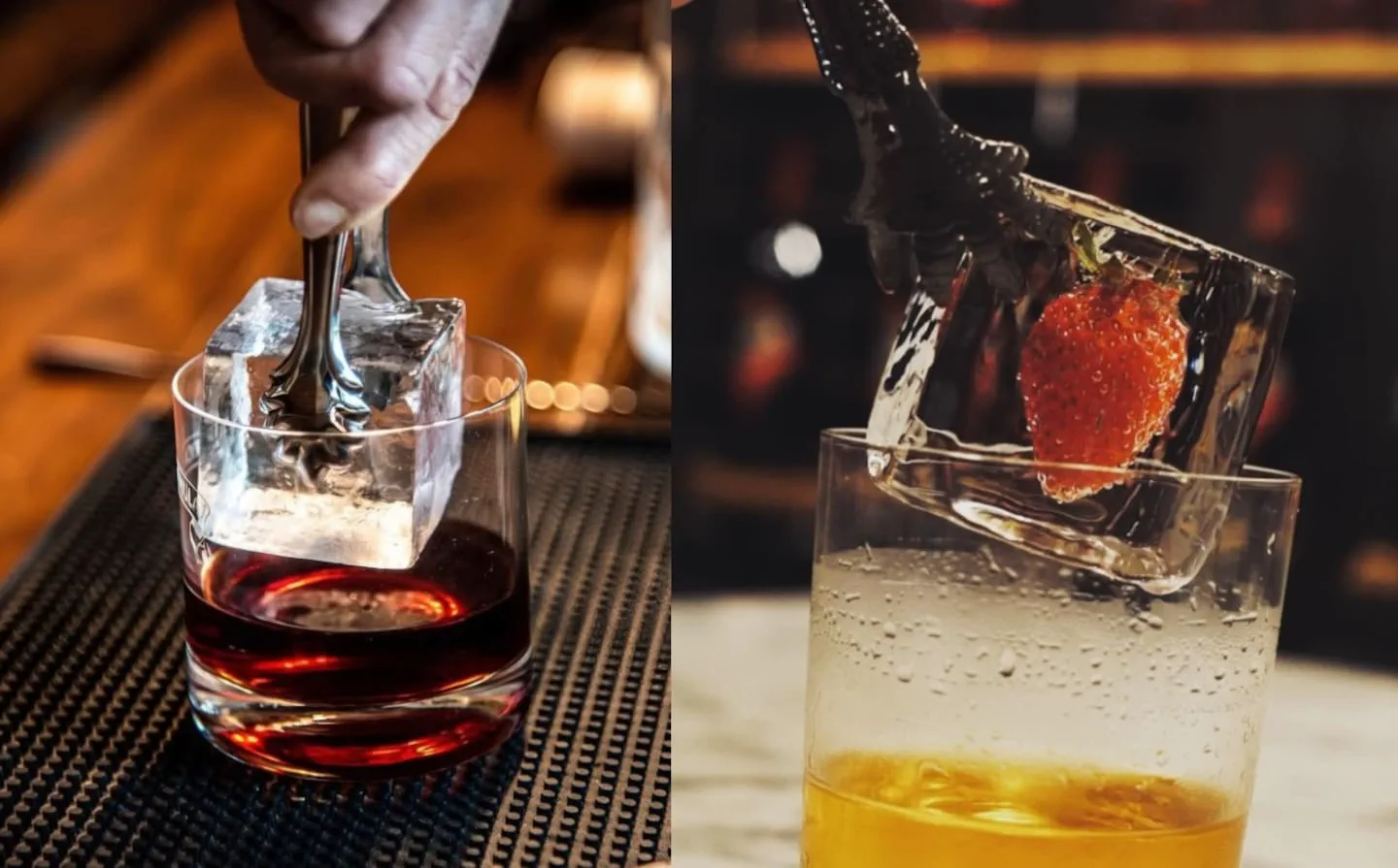 Manos colocando cubos de hielo transparentes, uno con una frutilla adentro, en vasos con tragos.