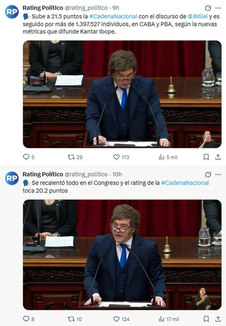 Captura de dos publicaciones de X con el presidente Javier Milei dando un discurso frente al atril del Congreso.