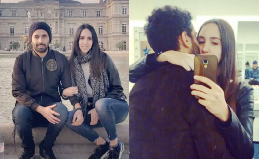 Composición con dos fotos de una pareja, una sentada frente a un edificio antiguo y otra sacándose una selfie al espejo.