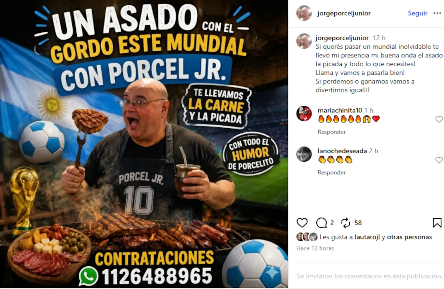 Jorge Porcel Jr. sostiene un mate y un bife frente a una parrilla en un afiche para redes sociales.