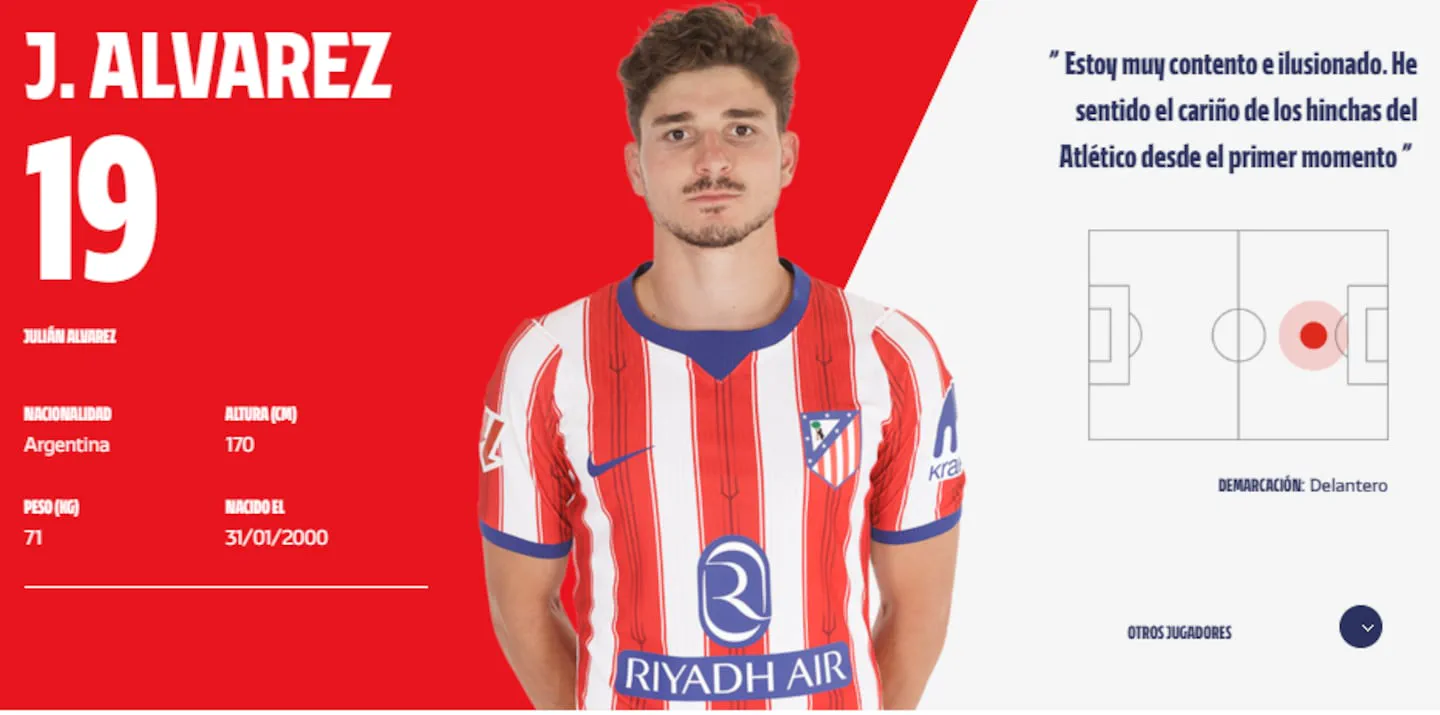 Julián Álvarez posa con la camiseta a bastones rojos y blancos del Atlético de Madrid junto a su ficha técnica.