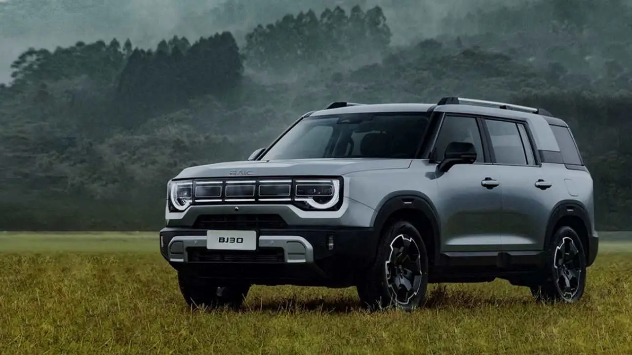 Camioneta gris marca BAIC modelo BJ30 estacionada sobre un pastizal con árboles de fondo.