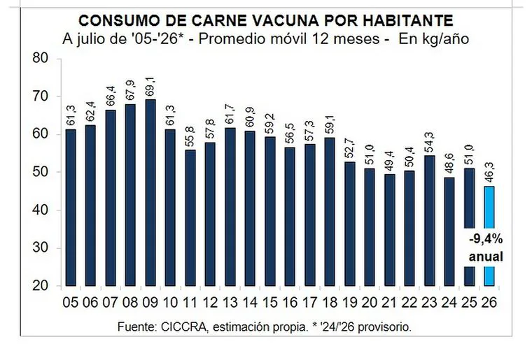 Un gráfico de barras muestra la evolución del consumo de carne vacuna por habitante por año.