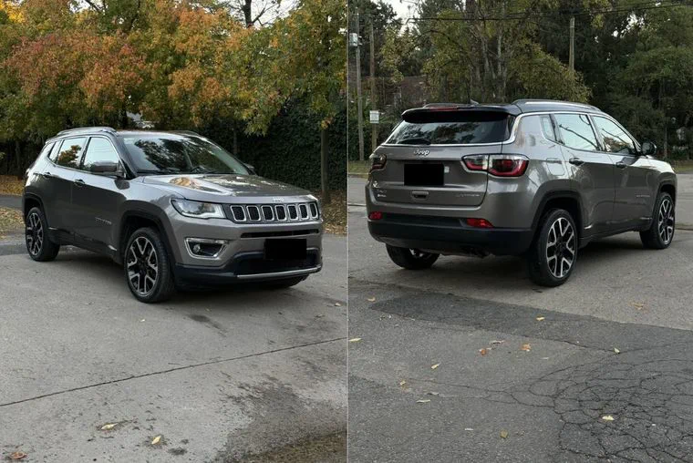 Dos tomas de una camioneta Jeep gris oscuro estacionada en la calle.