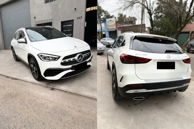 Dos fotos de una camioneta blanca Mercedes-Benz vistas de frente y desde atras.