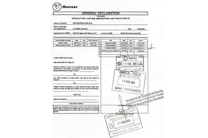 Documento de declaracion general de vuelo de Alphacentauri con sellos de entrada de ARCA y Senasa en San Fernando.