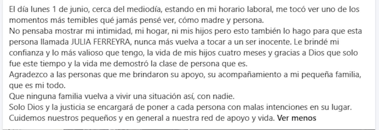 Una captura de pantalla de un texto escrito en español que relata una denuncia pública en redes sociales.