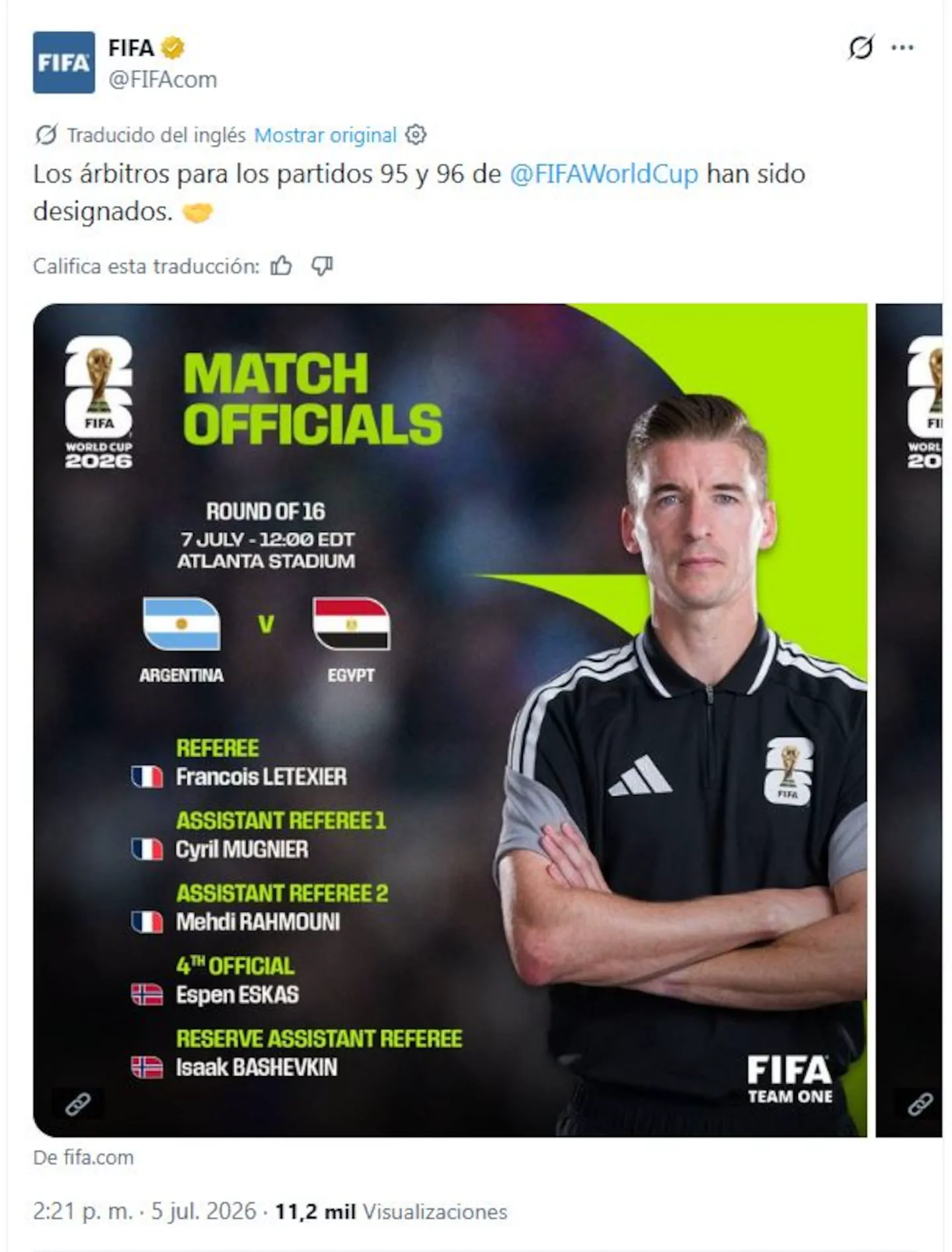 Un grafico de la FIFA en redes sociales con la designacion arbitral para un partido entre Argentina y Egipto.