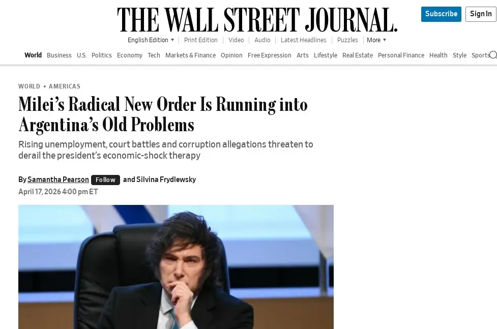 Captura de una nota de The Wall Street Journal sobre Javier Milei con su foto abajo.