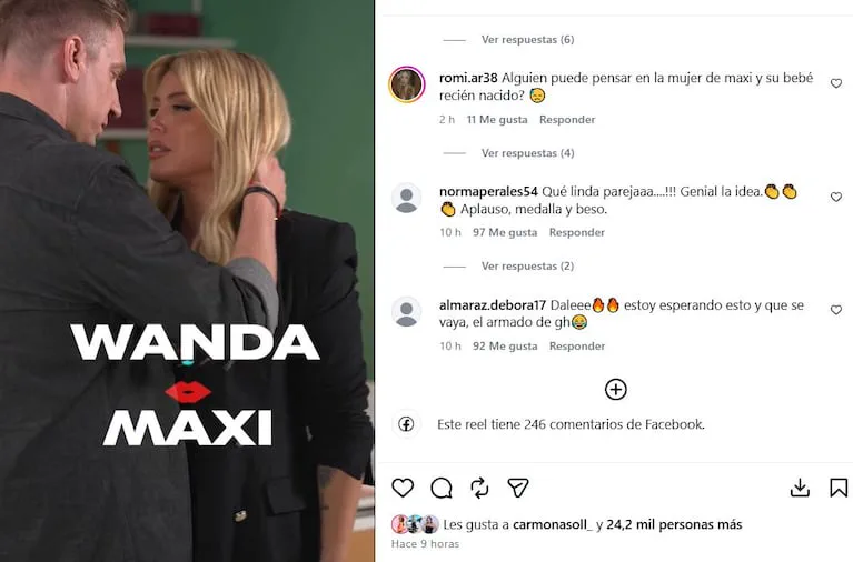Captura de una publicación en redes que muestra a Wanda Nara y Maxi López junto a comentarios de usuarios.