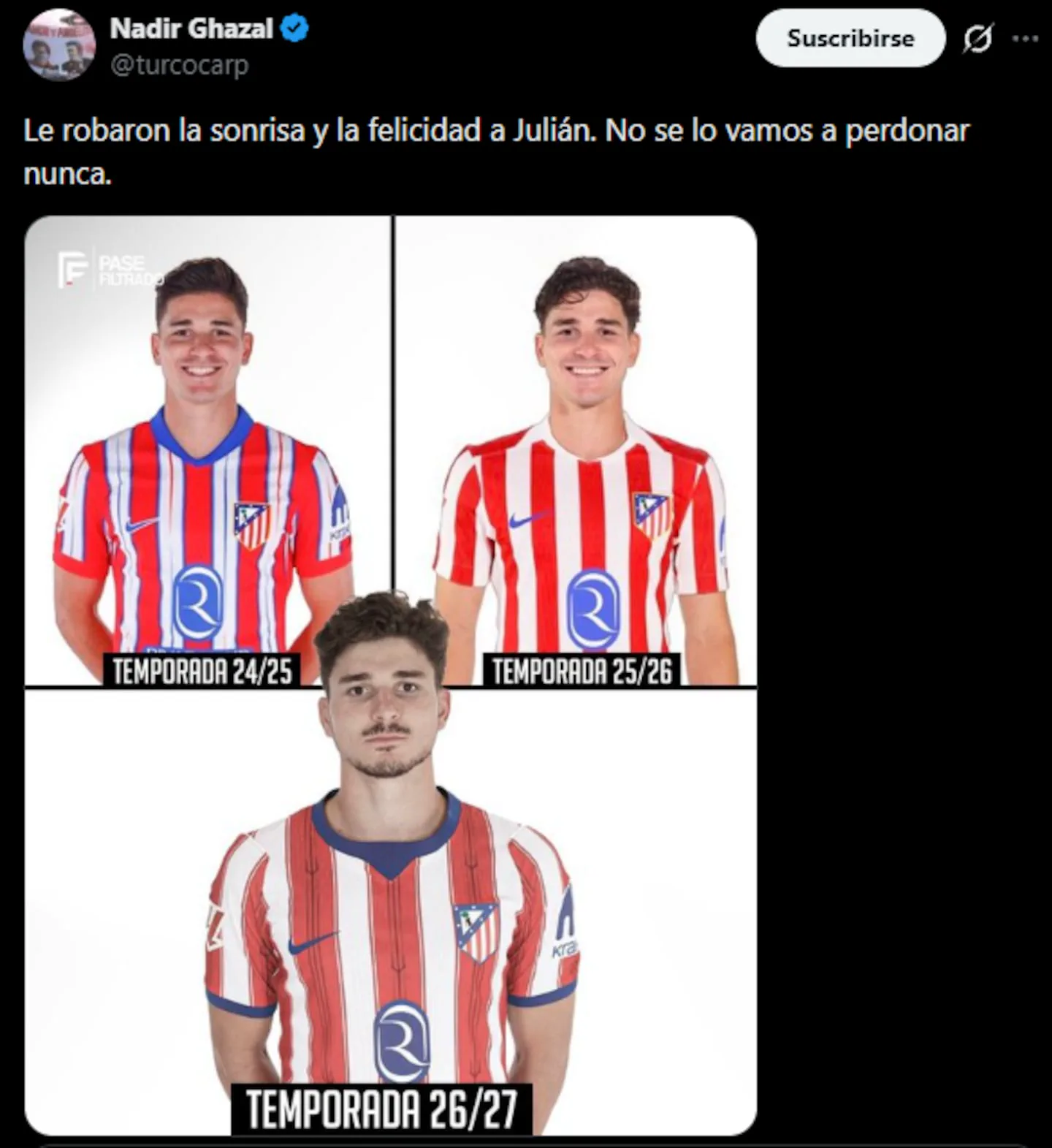 Una publicación muestra tres retratos de Julián Álvarez con la camiseta del Atlético de Madrid en distintas temporadas.