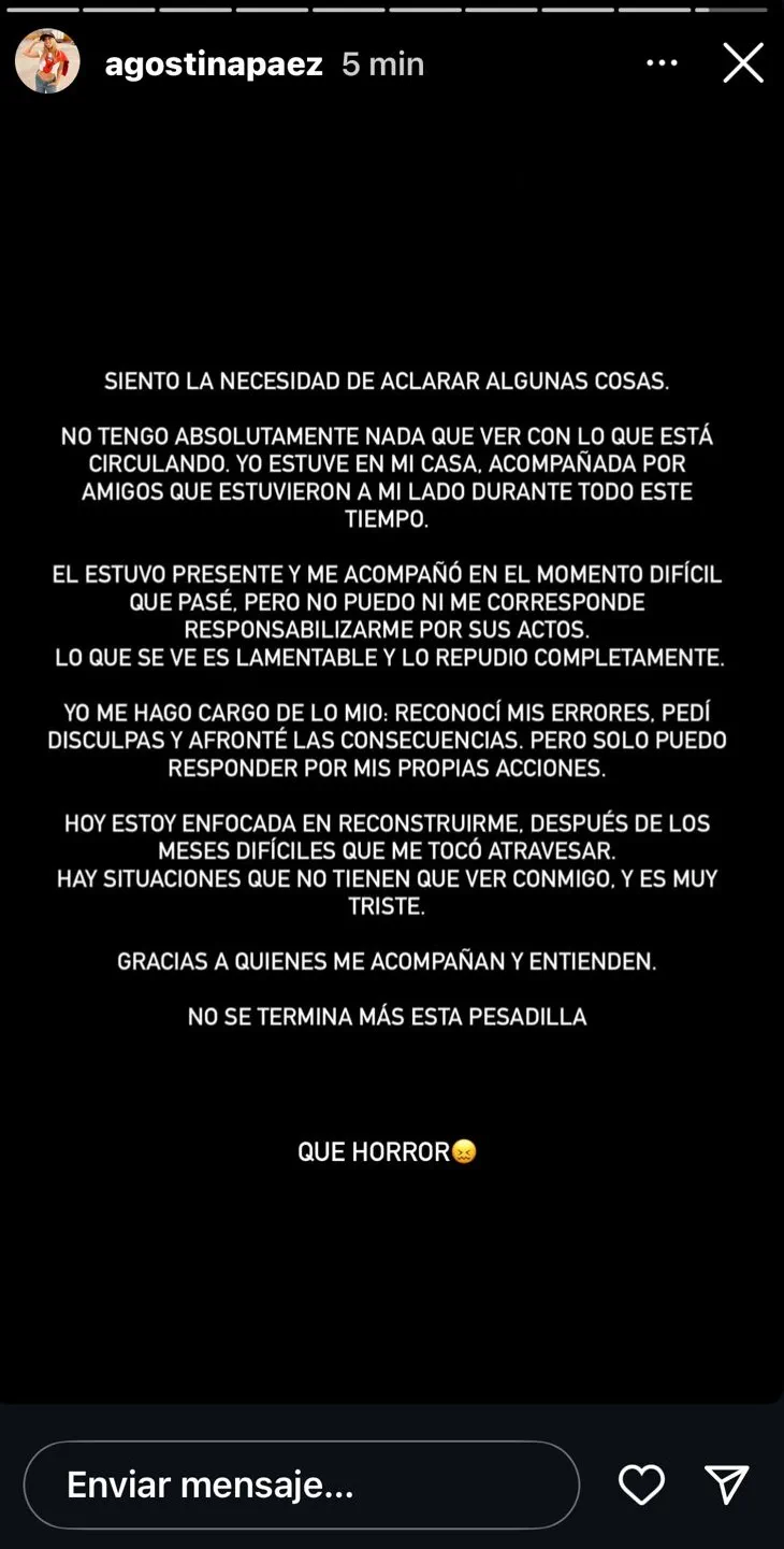 Captura de una historia de Instagram con texto blanco sobre fondo negro de la cuenta agostinapaez.