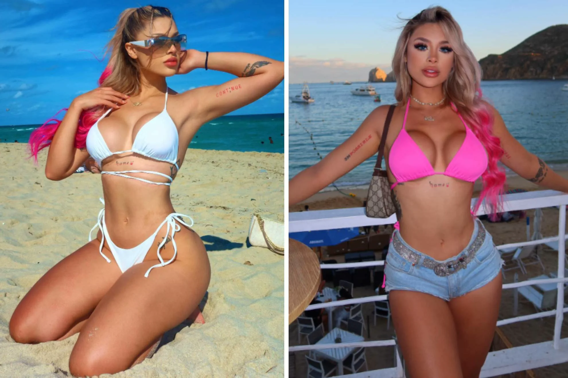 Una mujer posa en bikini blanco sobre la arena y al lado aparece en bikini fucsia junto a una baranda frente al mar.