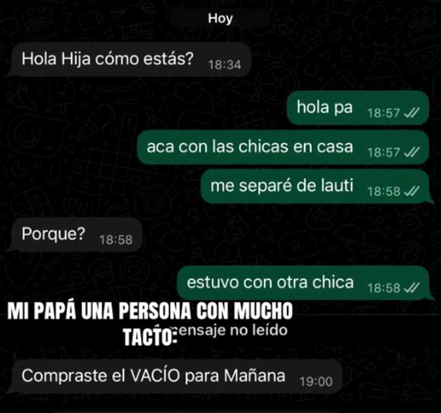 Captura de pantalla de un chat de WhatsApp con un intercambio de mensajes familiares.