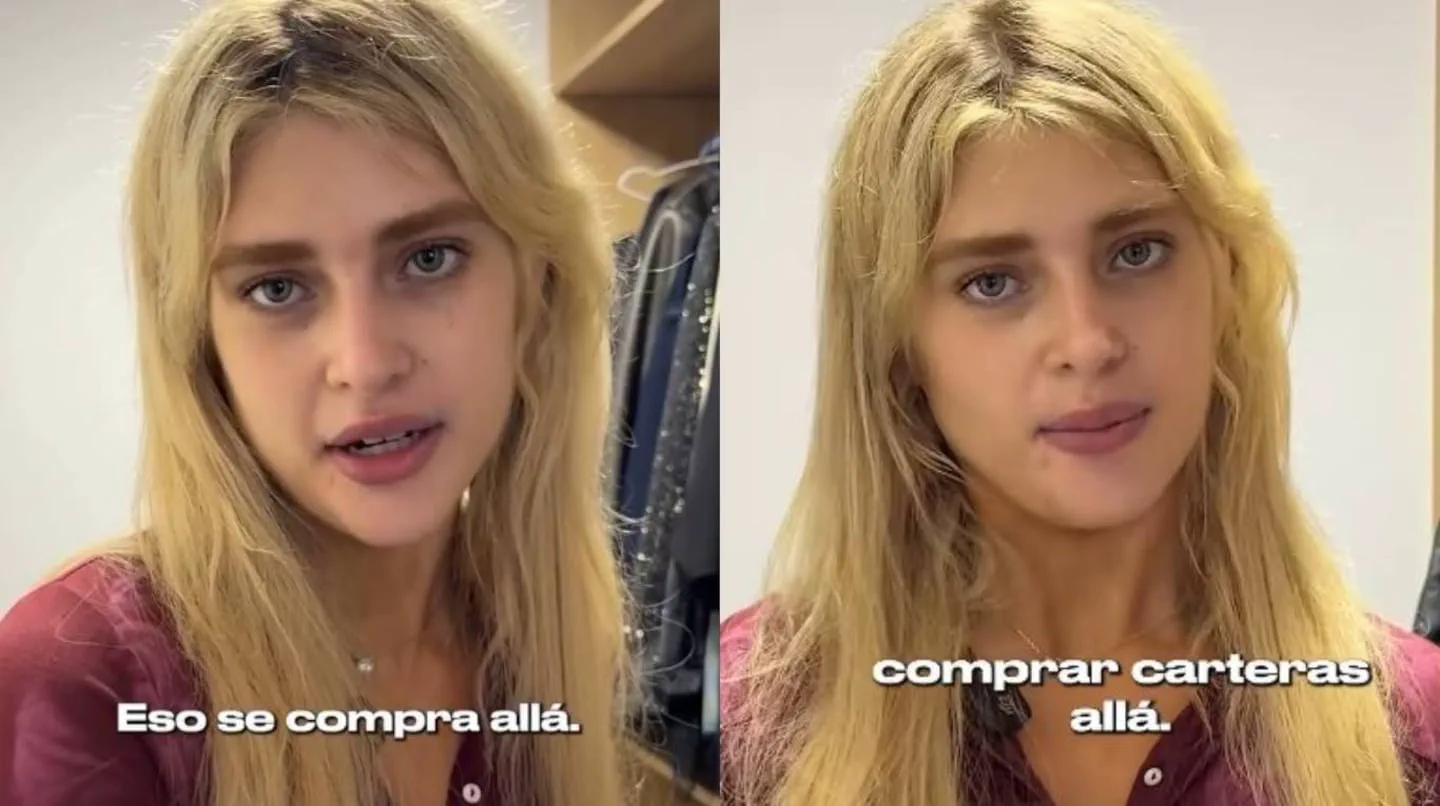 Primer plano dividido en dos de una mujer rubia con remera bordó hablando frente a la cámara.
