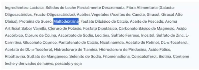 Un texto con una lista de ingredientes tiene resaltada en azul la palabra Maltodextrina.