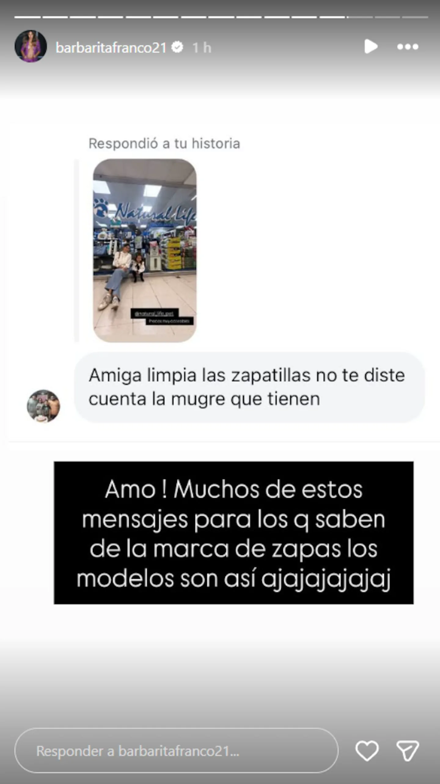 Captura de pantalla de una historia de Instagram de Barby Franco respondiendo un mensaje privado.