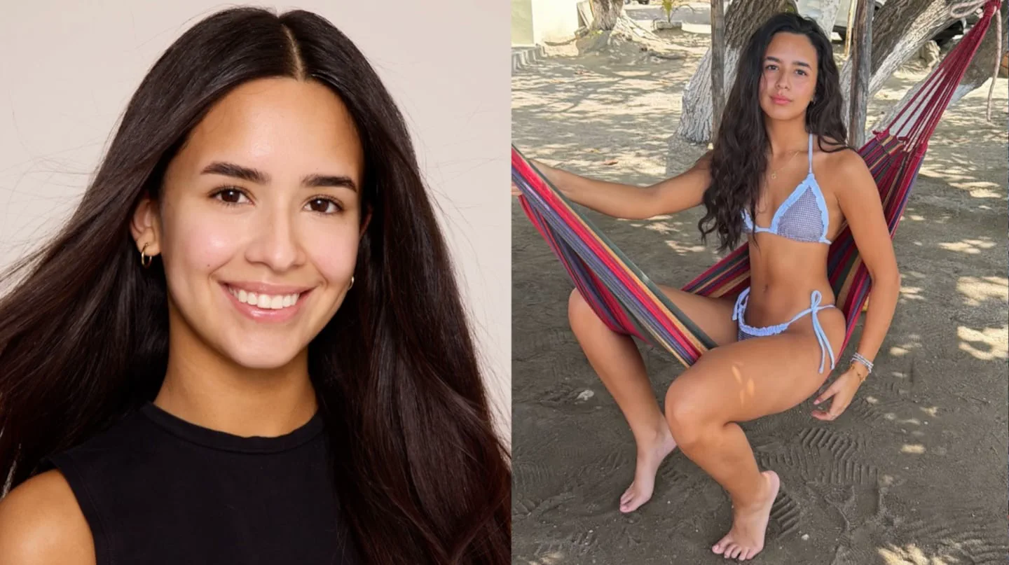 Foto compuesta por el retrato de una chica sonriendo y otra imagen suya sentada en una hamaca paraguaya en bikini.