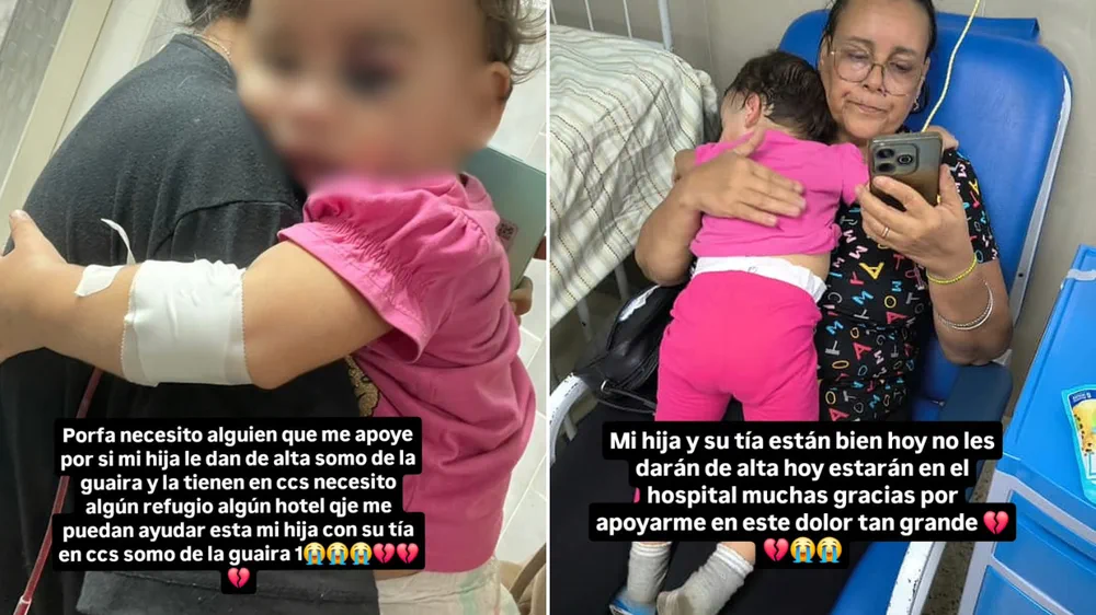 Una mujer sostiene a una beba en brazos mientras mira su celular sentada en un centro médico.