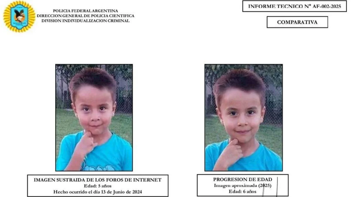 Documento pericial de la Policia Federal con fotos y progresion de edad del nino Loan Danilo Pena.