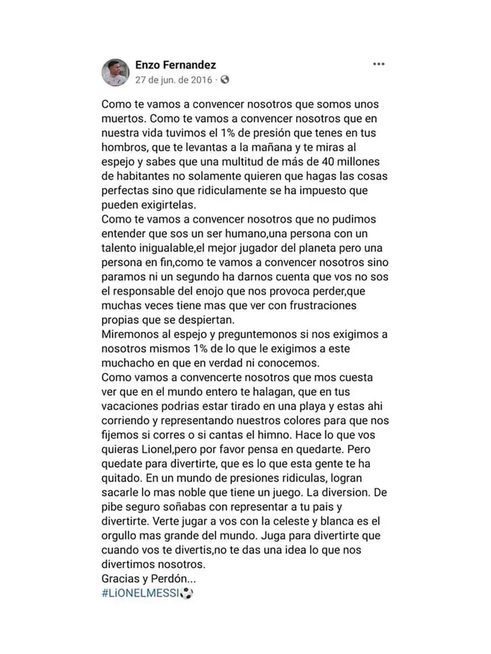 Captura de una publicación de Facebook de Enzo Fernández del año 2016 con un texto dedicado a Lionel Messi.