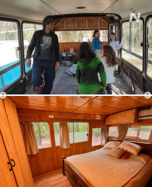 Arriba varias personas dentro de un colectivo en remodelacion y abajo el interior transformado en un dormitorio de madera.