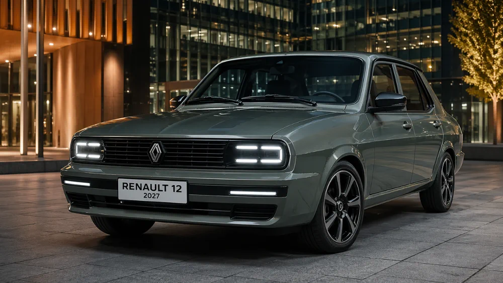 Auto sedan verde grisáceo con logo frontal de Renault y patente Renault 12 frente a un edificio.