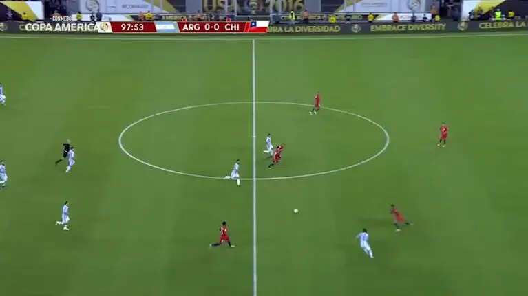 Jugadores de Argentina y Chile disputan un partido en una cancha de fútbol durante la Copa América 2016.