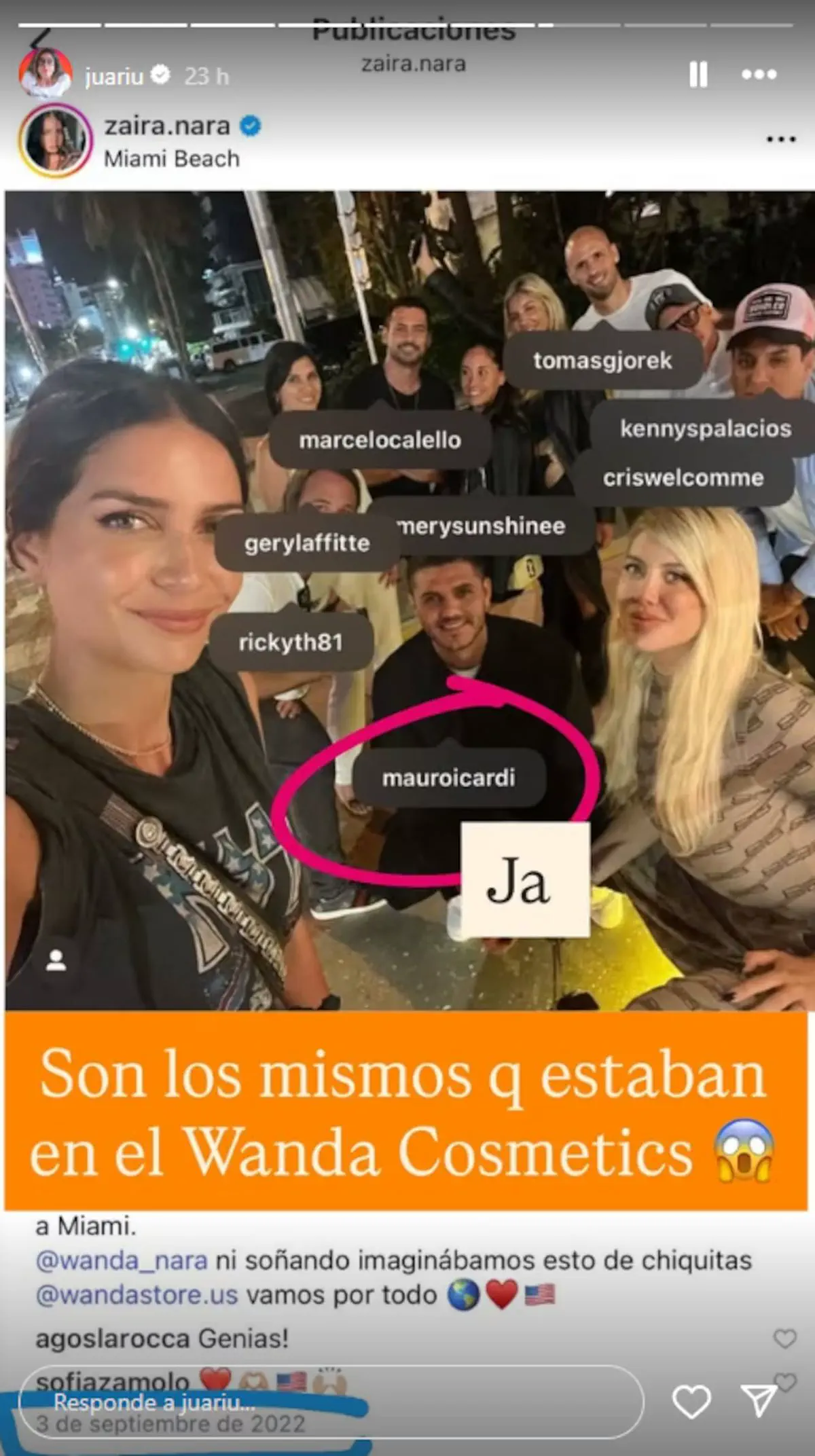 Una selfie grupal nocturna con varias personas etiquetadas en una historia de redes sociales.