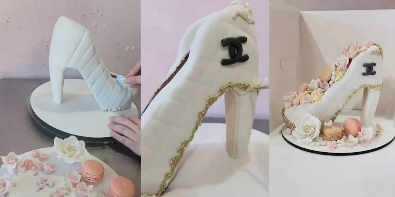 Tres imágenes del decorado final de una torta con forma de zapato de taco alto blanco con detalles dorados y flores.