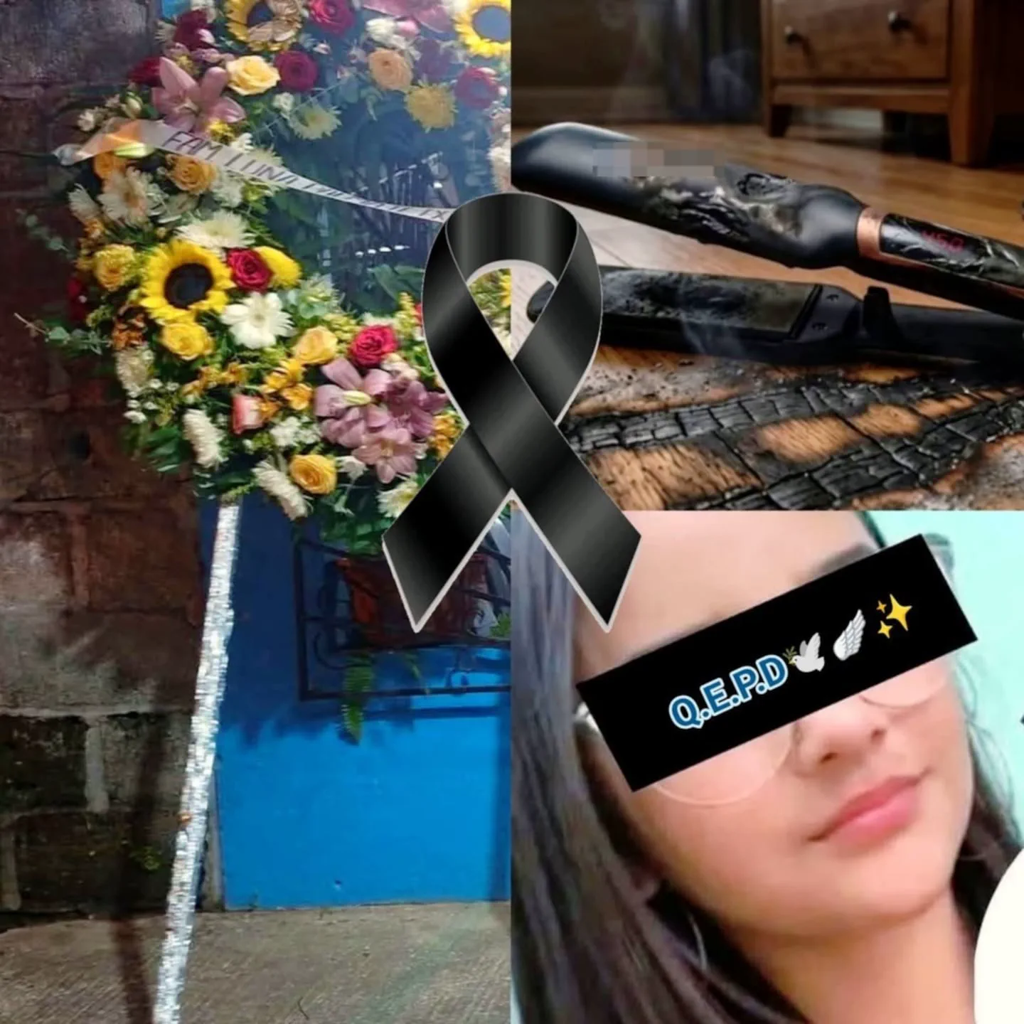 Collage con una corona fúnebre, una planchita de pelo quemada y una chica con los ojos tapados.