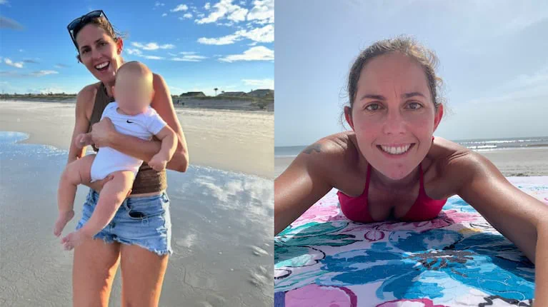 Una mujer sonríe en la playa mientras sostiene a un bebé en brazos y luego aparece recostada en una toalla.