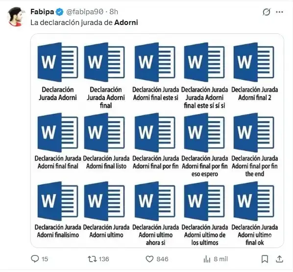 Captura de un tuit con una grilla de iconos de documentos de Word con nombres humorísticos repetidos.
