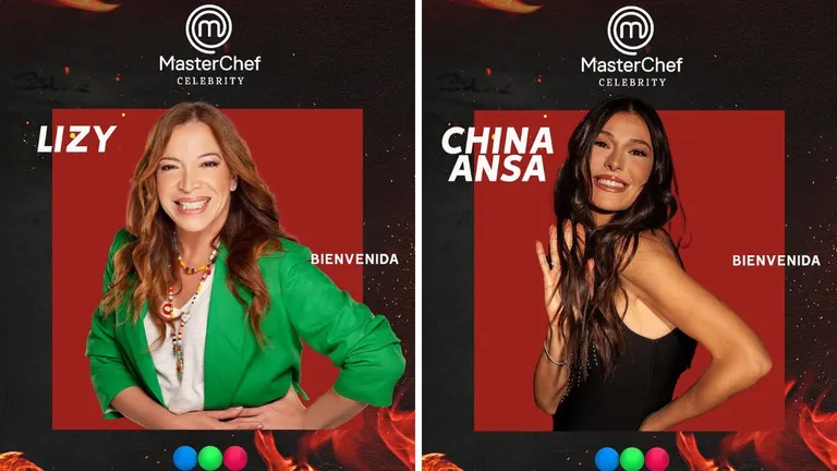 Dos mujeres sonrientes en placas promocionales con fondo rojo y el logo de un programa de cocina.