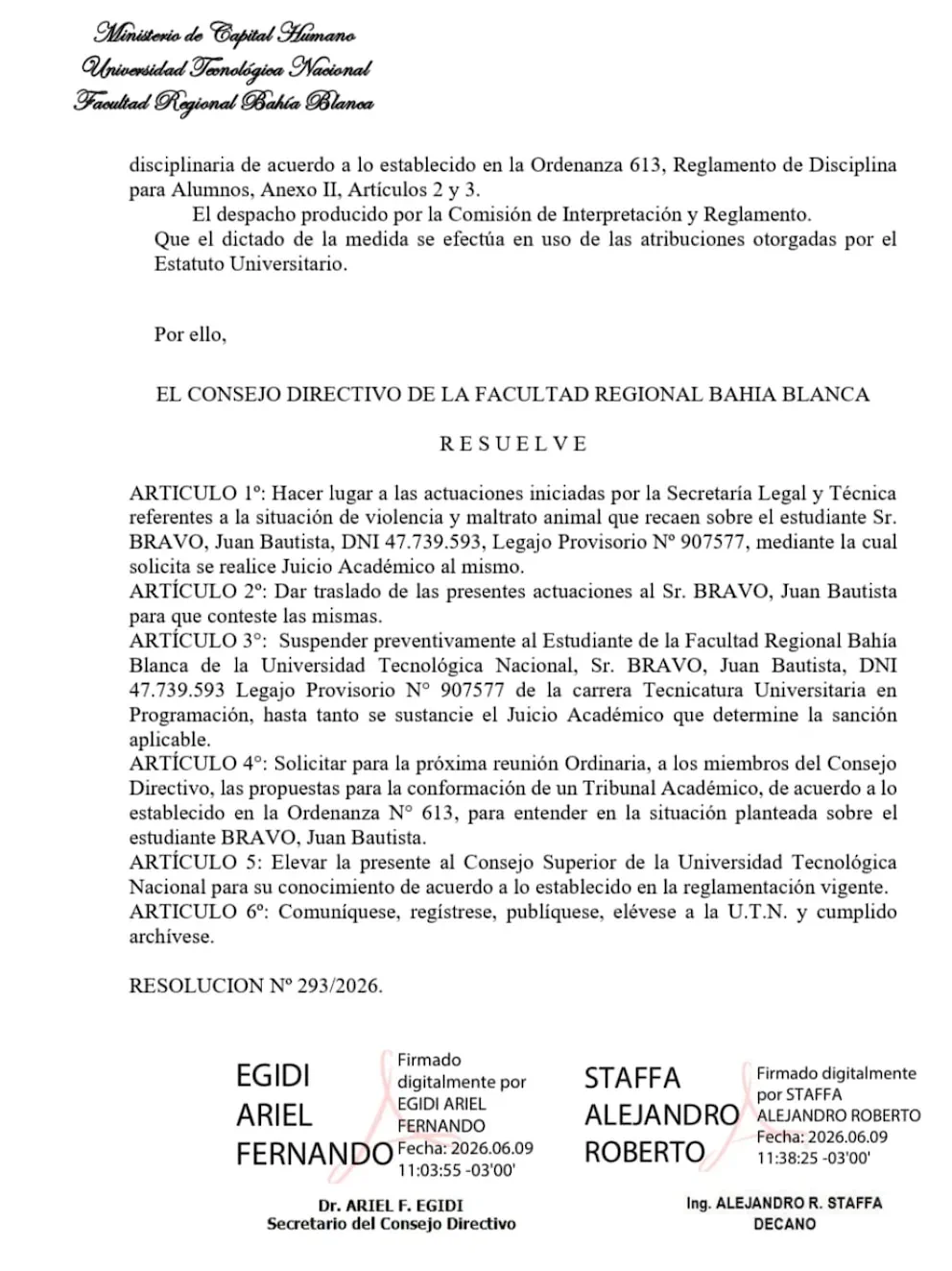 La segunda página de una resolución oficial con firmas digitales de autoridades universitarias.