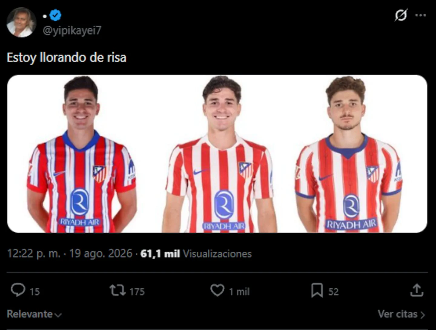 Un tuit muestra tres retratos seguidos del futbolista Julián Álvarez vistiendo la camiseta del Atlético de Madrid.