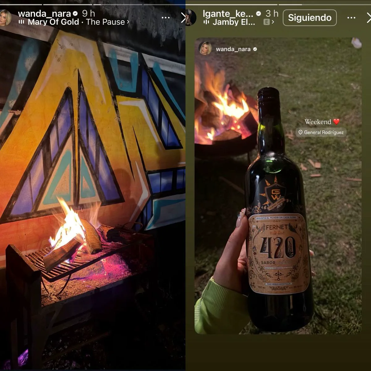 Capturas de dos historias con una fogata al lado de un mural y una mano sosteniendo una botella de fernet 420.