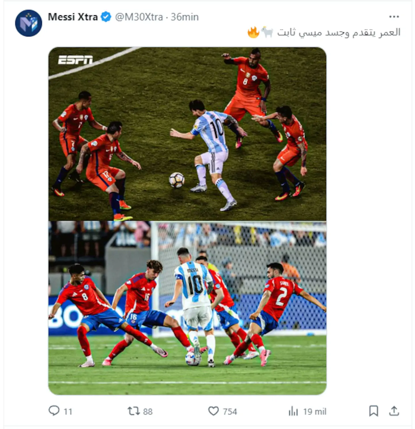 Captura de un tuit comparando dos jugadas en las que Lionel Messi elude a defensores de la seleccion de Chile.