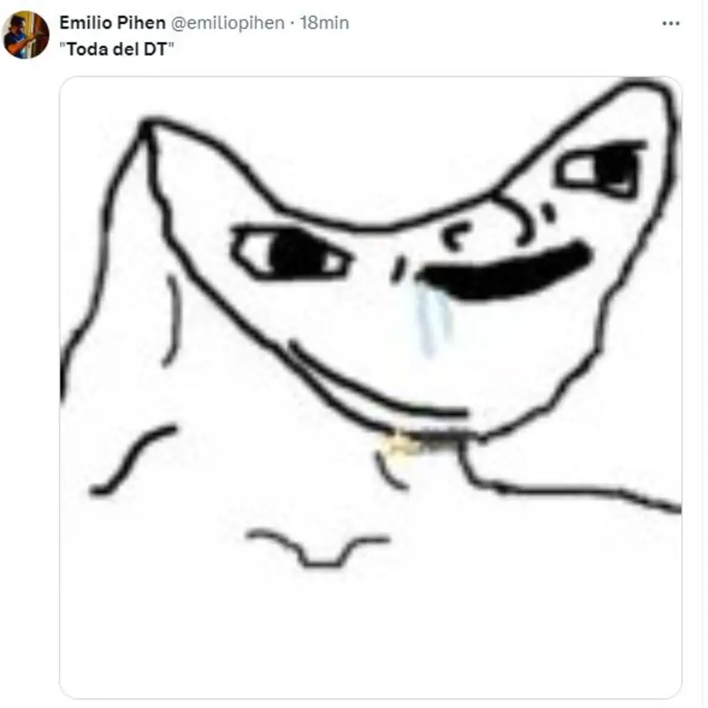 Captura de un tuit con un dibujo distorsionado de Wojak en blanco y negro con la frase "Toda del DT".
