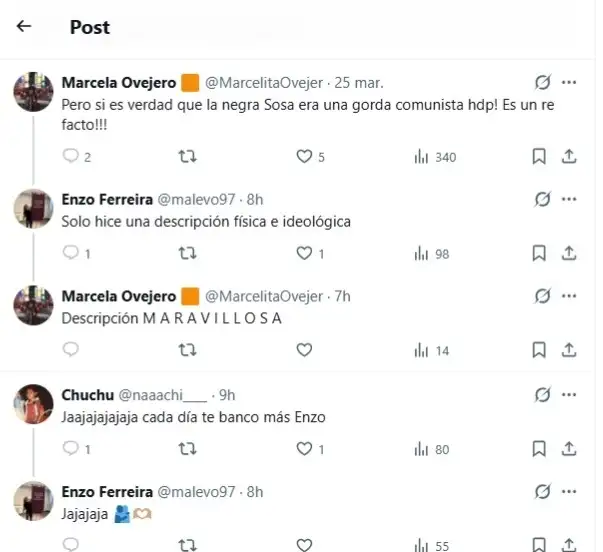 Una captura de pantalla de un hilo de publicaciones y comentarios en la red social X sobre fondo blanco.