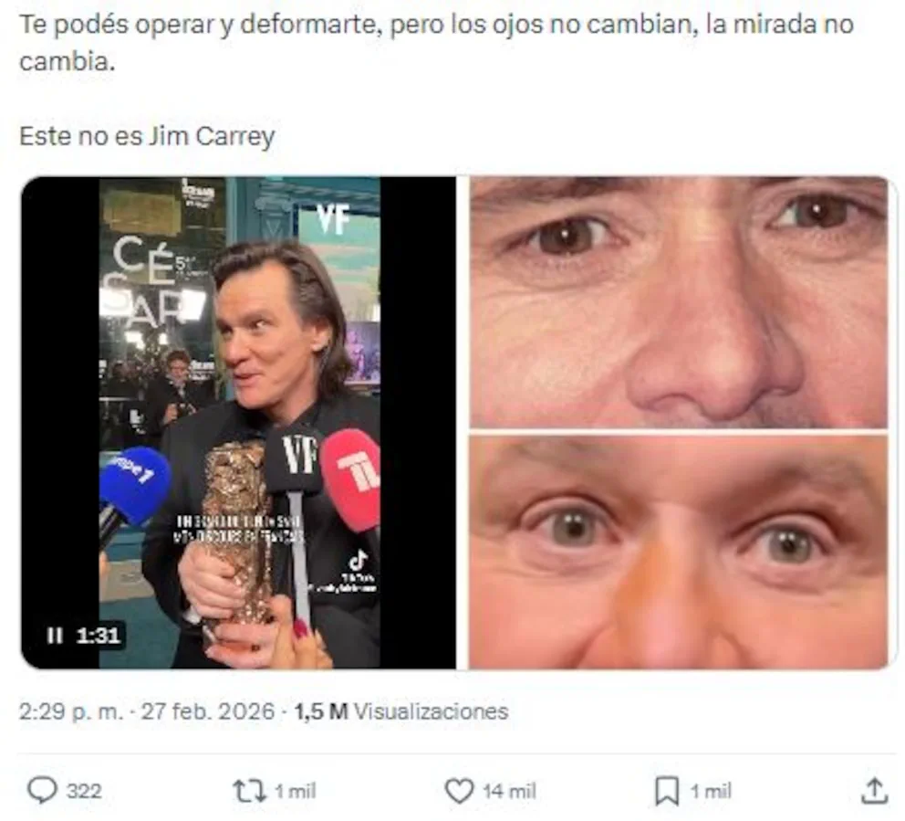 Captura de un tuit que compara fotos del rostro y de los ojos del actor Jim Carrey en diferentes momentos.