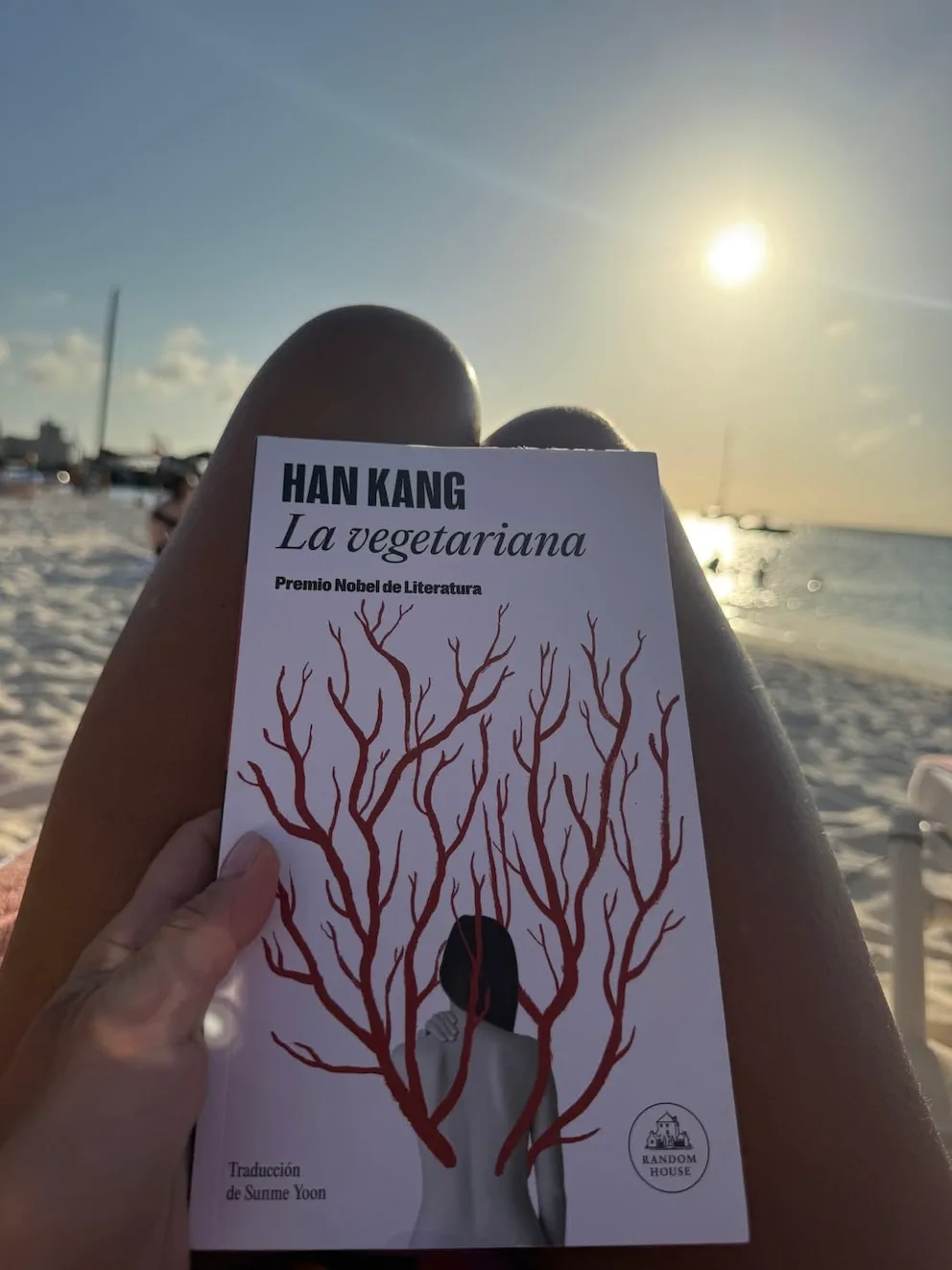 Una persona sostiene el libro La vegetariana de Han Kang entre sus piernas al sol en la playa.