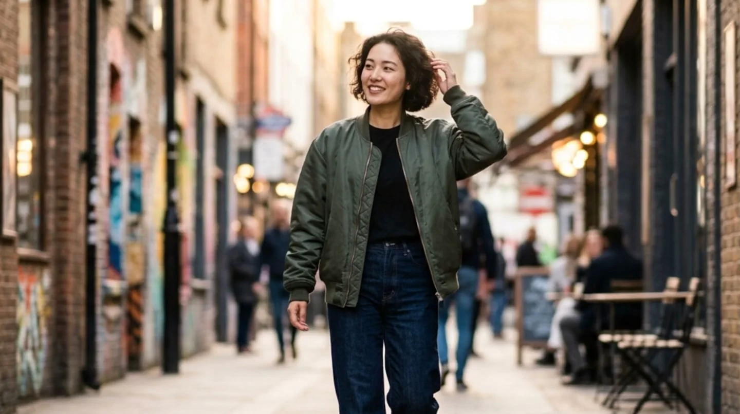 Una chica con campera verde camina sonriendo por un callejon angosto flanqueado por edificios de ladrillo.