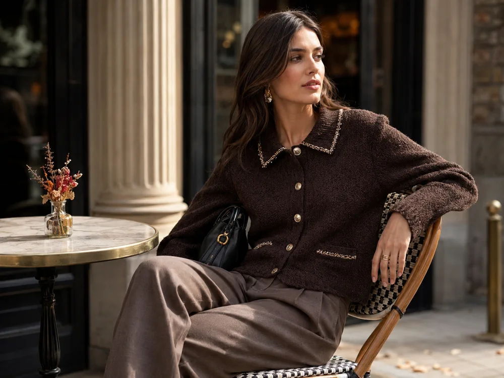 Mujer sentada afuera de un café con campera marrón, pantalón beige y cartera de mano.