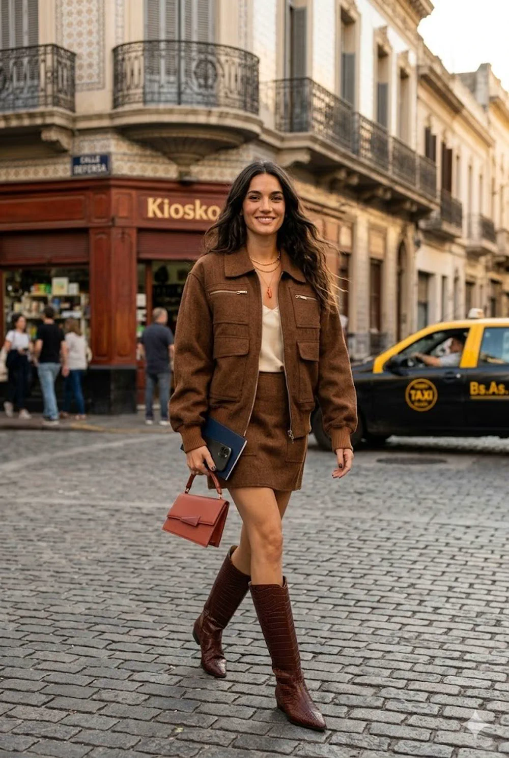Una mujer sonriente camina sobre una calle empedrada vestida con un conjunto marrón, botas altas y cartera.