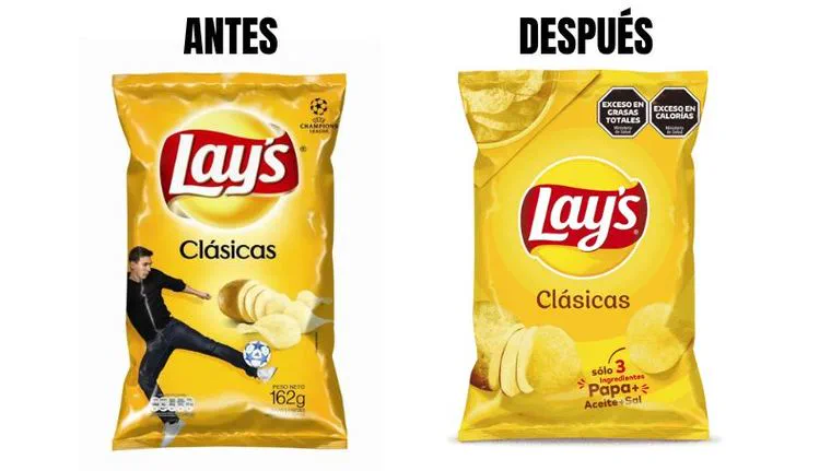 Dos paquetes amarillos de papas fritas Lay's clásicas se muestran uno al lado del otro comparando sus diseños.