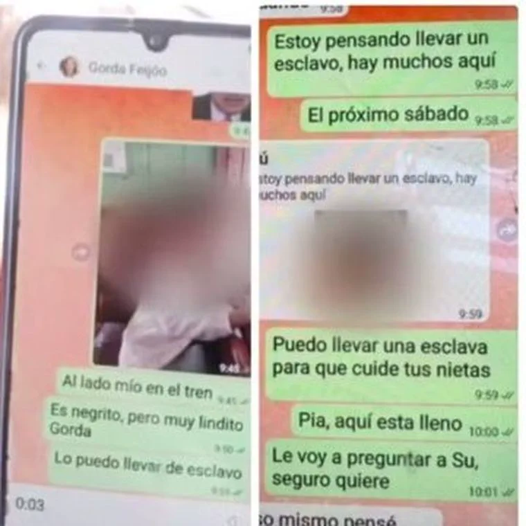 Captura de pantalla de un celular con mensajes de chat de WhatsApp y una foto con el rostro difuminado.