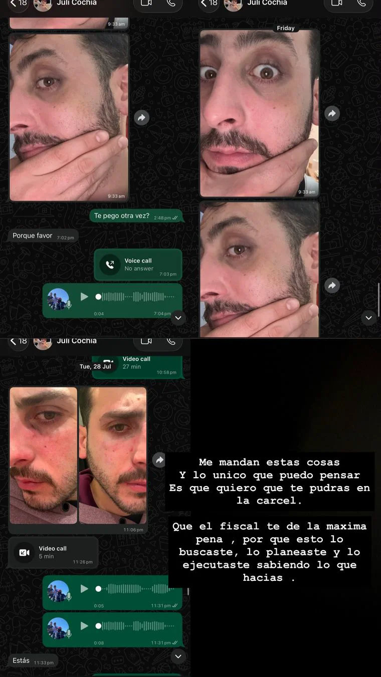 Capturas de un chat de mensajería con fotos del rostro de un hombre con hematomas y un texto acusatorio.