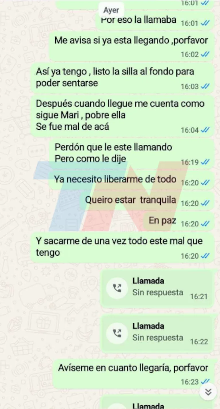 Captura de pantalla de una conversación de WhatsApp con mensajes de texto y llamadas perdidas.